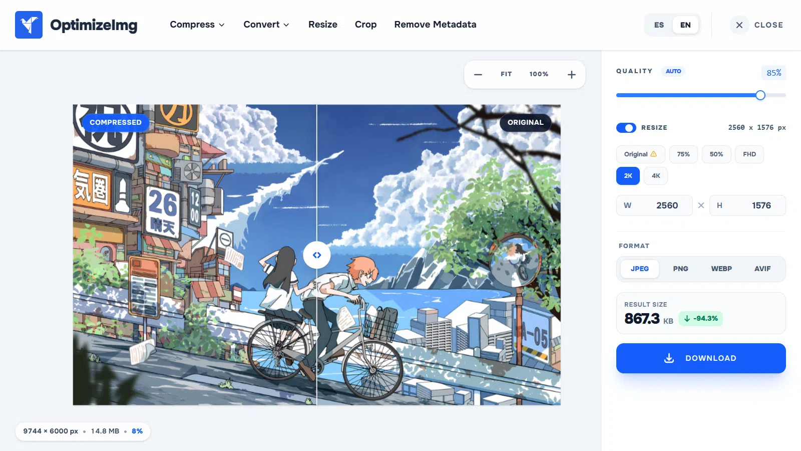 Smart image compression editor with real-time comparison