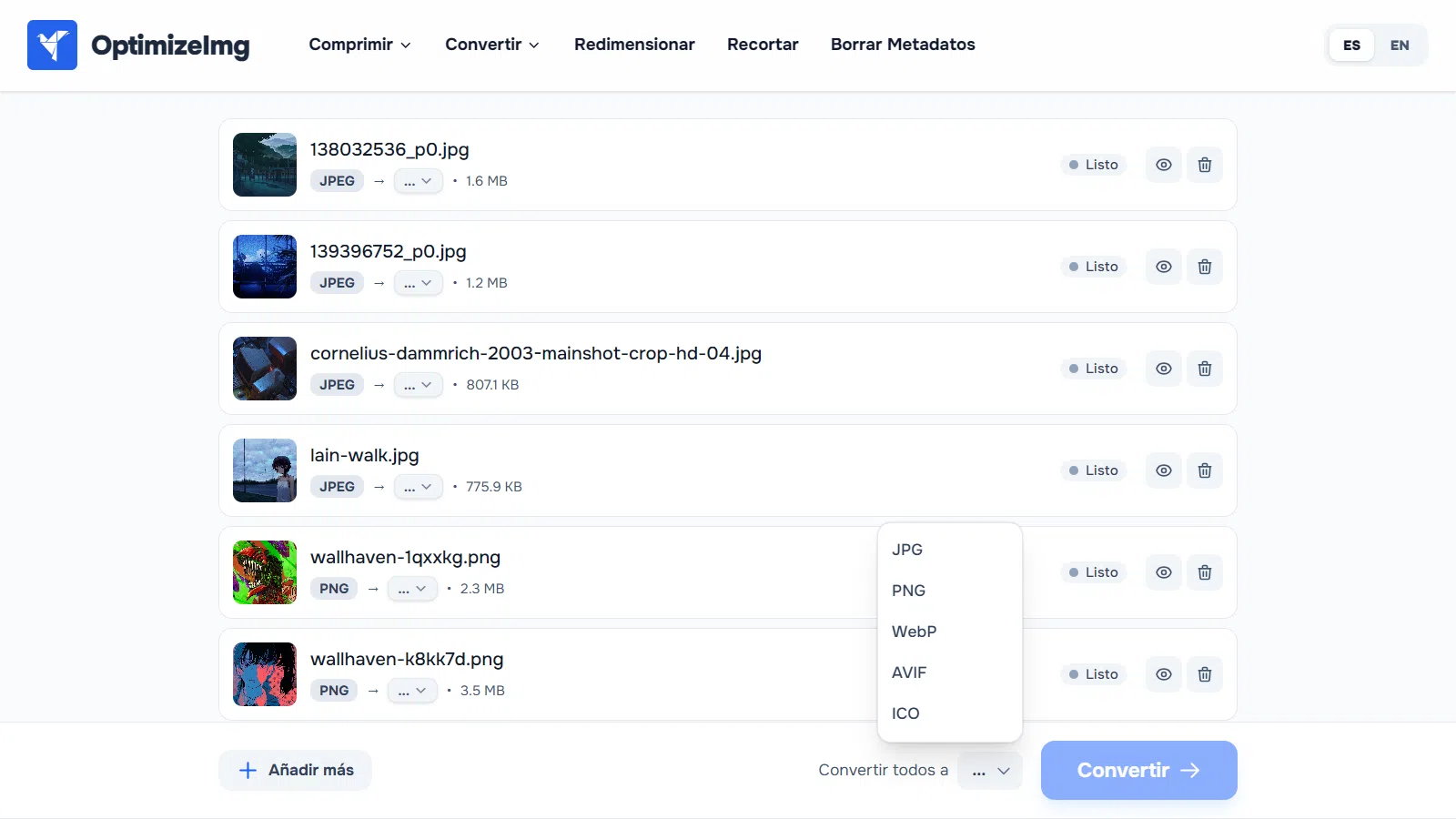 Conversión de formatos de imagen por lotes en OptimizeImg