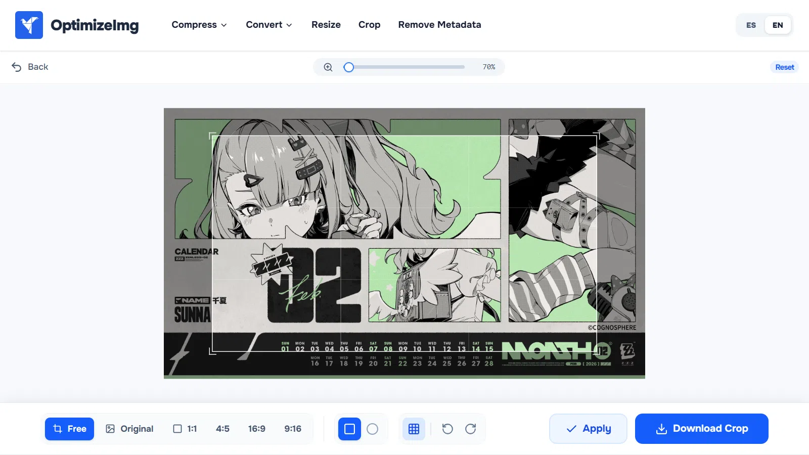 Precision image crop tool with real-time preview in OptimizeImg