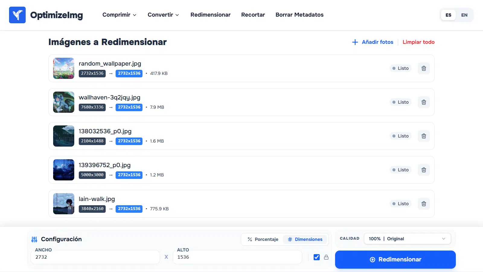 Redimensionado de varias imágenes a la vez en OptimizeImg
